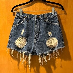High waisted, distressed, frayed Wrangler denim short shorts